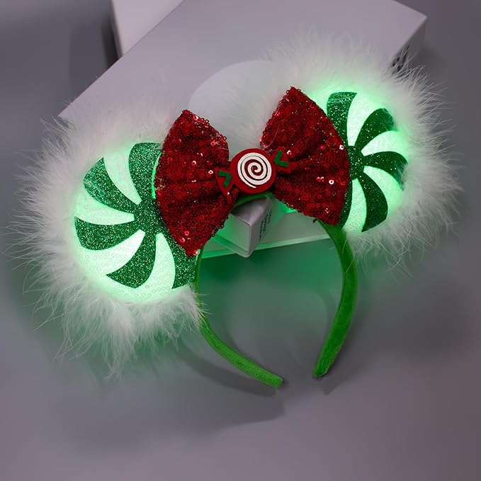 JIAHANG Mouse Ear Christmas Light Up Headband, Lollipop LED Hairband with Sequin Bow, Flash Glowing Party Decoration Headwear Hair Accessories for Women Girls