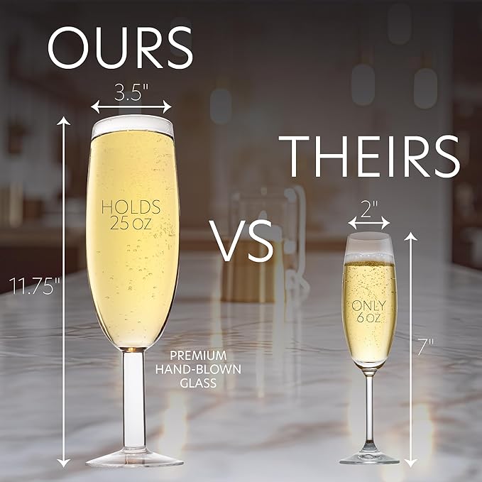 Oversized XL Giant 25oz Champagne Flute - Holds a Full Bottle of Champ - Made of Hand-Blown Glass NOT Plastic - Jumbo Glassware Fun for Thanksgiving, Bachelorette Trips, Birthdays- Holiday Xmas Gift