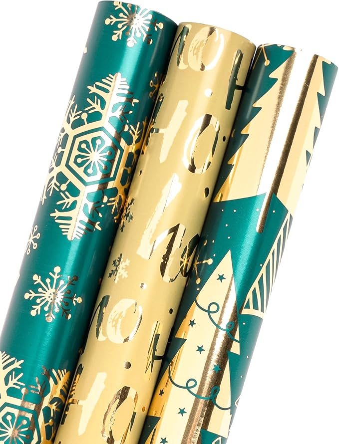MAYPLUSS Christmas Wrapping Paper Roll - Mini Roll - 17 inch X 120 inch Per roll - 3 Different Dark Green with Glitter Metallic Foil Design(42.3 sq.ft.ttl) for Party St.Patrick's Day