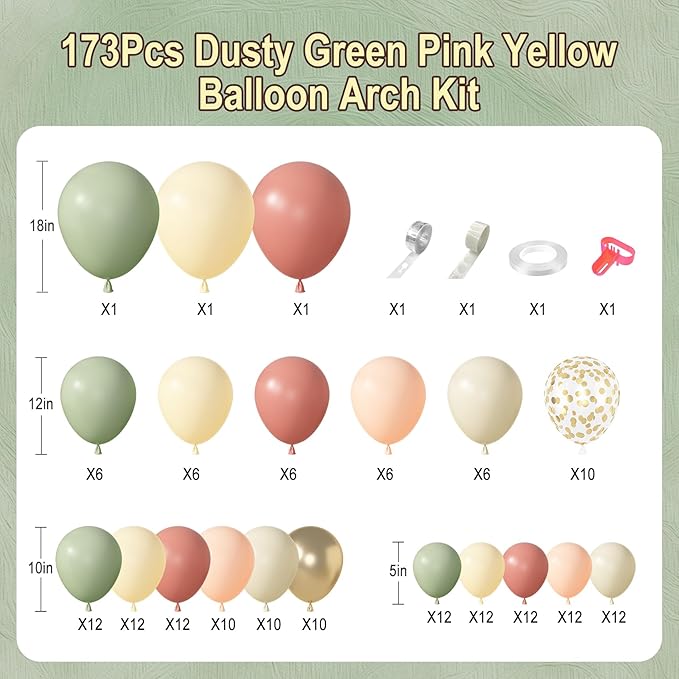 Amandir 173Pcs Dusty Pink Yellow Mist Green Balloon Arch Garland Kit Pastel Peach Mauve Ivory White Sand Confetti Balloons for Fall Bear Baby Shower Summer Birthday Wedding Floral Party Decorations