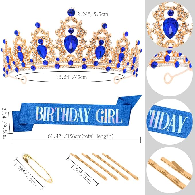 Birthday Crown Headband & Sash - Gold+Blue, Rhinestone Tiara for Women - Regal Style, Birthday Party Accessory
