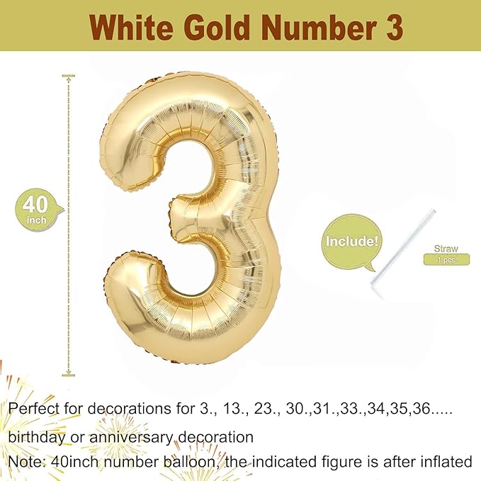 40 inch White Gold Number Balloon Giant Foil Helium Balloons Champagne Gold Number 3 Balloon for 3rd Birthday Party Decorations