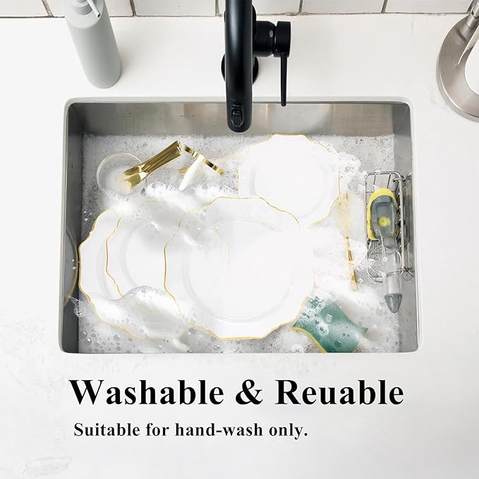 WDF 350Pcs Clear and Gold Plastic Plates - Heavy Duty Clear Plates Disposable - Gold Dinnerware Sets of 100 Plastic Plate 150Silverware 50 Cups 50 Napkins for Wedding/Party/Thanksgiving