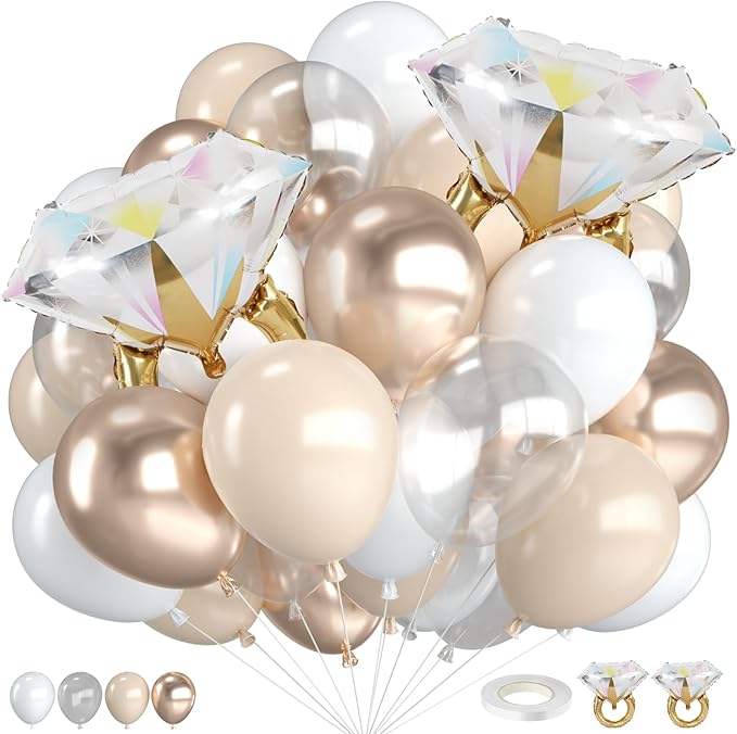 Beige White Gold Balloons,12 Inch Nude Metallic Champagne Gold Cream White Clear Balloon with Diamond Ring Foil Balloon for Boho Wedding Bridal Shower Marriage Anniversary Engagement Decorations