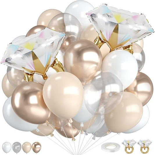Beige White Gold Balloons,12 Inch Nude Metallic Champagne Gold Cream White Clear Balloon with Diamond Ring Foil Balloon for Boho Wedding Bridal Shower Marriage Anniversary Engagement Decorations