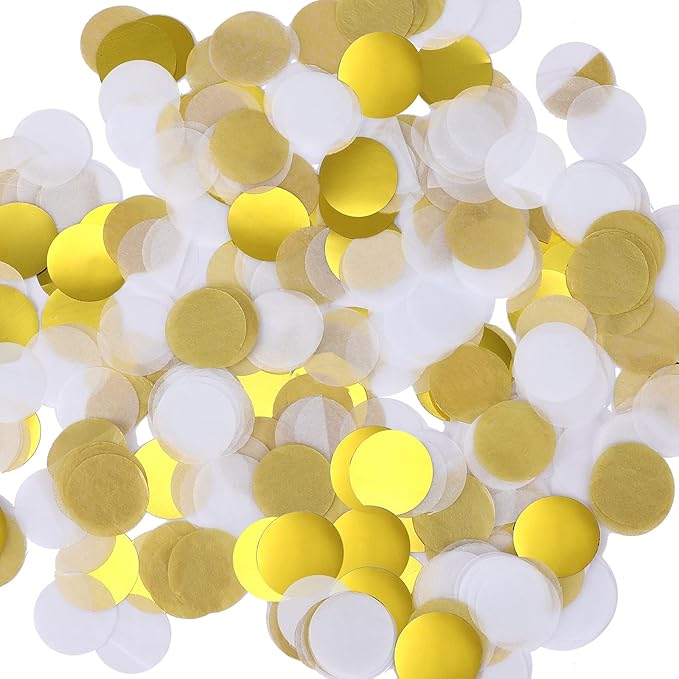 TecUnite Round Tissue Paper Table Confetti Dots for Wedding Birthday Party Decoration, 1.76 oz(White Gold Confetti,2.5 cm)
