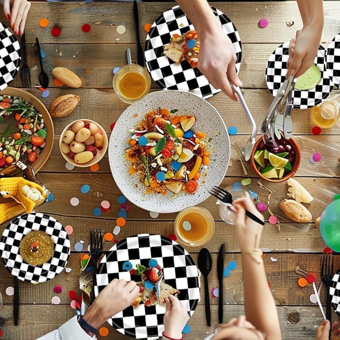 40 Pcs Race Car Birthday Party Decorations - Black and White Checkered Plates and Napkins for 20 Guests, Disposable Tableware Supplies for Birthdays, Game Day, and Racing-Themed Parties