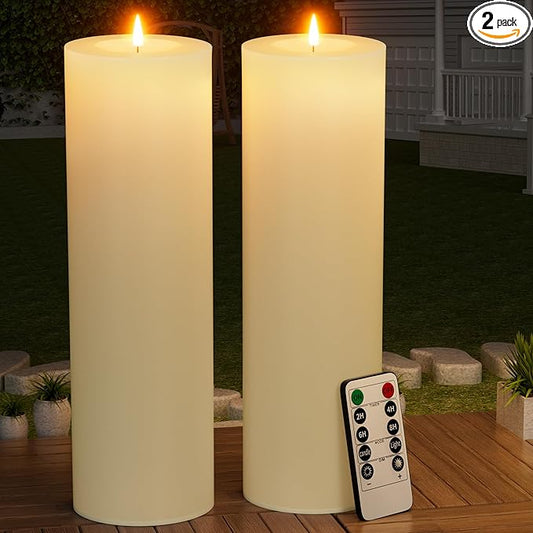 14" x 4" Large Outdoor Candles with Timer Waterproof Flickering LED Flameless Candles Battery Operated with Remote Fake Pillar Candles Realistic for Patio Porch Lanterns, Ivory 2 Pack