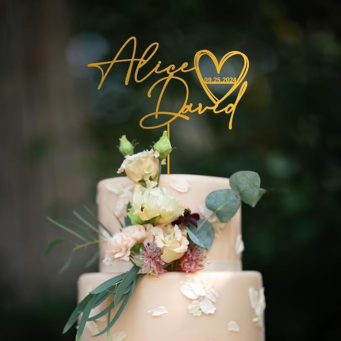 Noni Luxury Personalized Wedding Cake Topper with date and hear, Custom Cake topper, Gold Cake Topper wedding, Rustic Wedding Cake Topper, Mr and Mrs Topper for Wedding Cake, Personalized Cake Topper