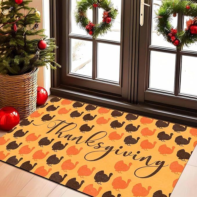 Fall Welcome Maple Leafs Decorative Door Mat, Autumn Thanksgiving Doormat for Indoor Outdoor Entrance Floor Mats,Fall Pumpkins Non Slip Harvest Vintage Decor Rubber Welcome Mats 30" x 18" Inch