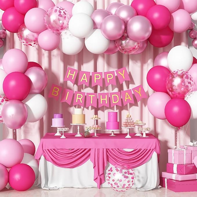 Pink Balloons Set 12 Inch Hot Pink and White Balloons 35 Pcs Rose Red Light Metallic Pink Confetti Balloon for Girls Women Princess Valentines Engagement Wedding Baby Shower Birthday Party Decorations