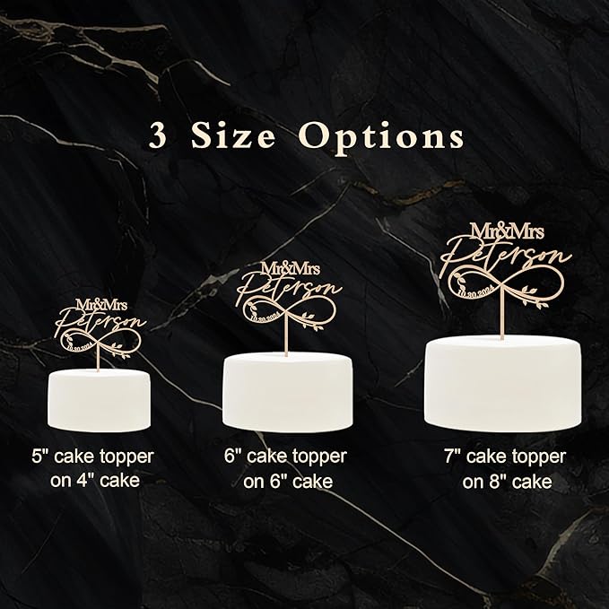 Mr & Mrs Wedding Cake Topper Personalized Bride & Groom's Last Name and Date Customized Wedding Anniversary Cake Decoration Leaves Infinity in Wood