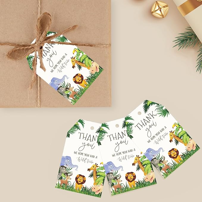 G2PLUS Jungle Safari Thank You Tags, 50PCS Animal Thank You Paper Tags, Wild Animals Thank You Gift Tag with String for Jungle Safari Birthday, Engagement, Baby Shower Party Favors (Green)