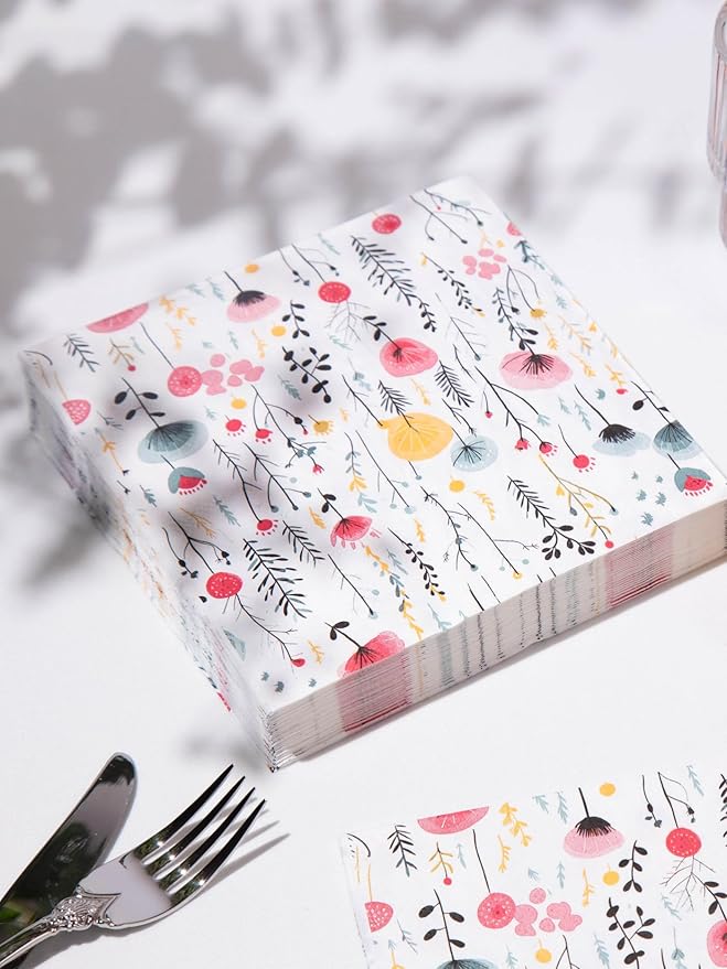 20 pcs Premium Designer Paper Napkins, 3-Ply 6.5x6.5-inches Disposable Decorative Paper Guest White Floral Napkin for Wedding Birthday Anniversary Lunch Dinner Party Baby Shower