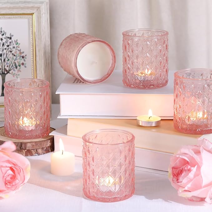8Pcs Large Votive Candle Holders Pink Tea Light Candle Holders Glass Candle Holder for Wedding, Bridal Shower,Table Centerpiece,Party, Home Decor