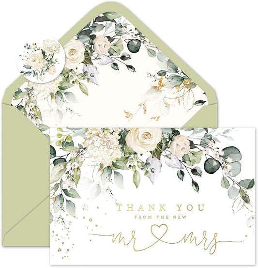 Whaline 50 Pack Floral Wedding Thank You Cards Flower with Eucalyptus Leaves Mr & Mrs Thank You Greeting Note Cards Boxed with Envelope Sticker for Bridal Shower