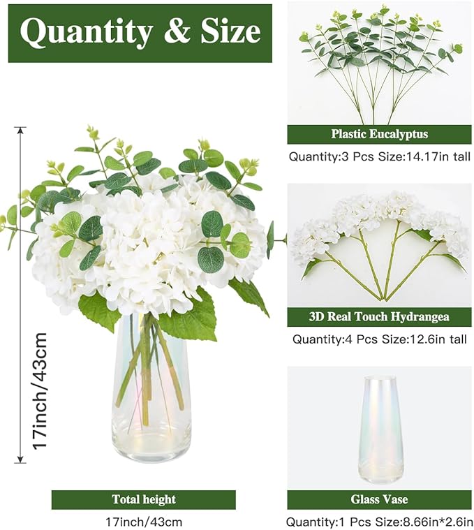 Tifuly 4pcs Fake Hydrangea with Vase -3D Real Touch Faux Hydrangea Flowers and 3pcs Eucalyptus Stems for Wedding Centerpiece Home Party Table Decoration（White）