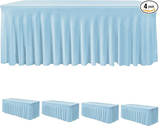 HolidayIdeas Spandex Table Skirts for Rectangle Tables 4 Ft, Fitted Stretch Table Cover 24x48 Inch, Wrinkle-Free Ruffle Design Tablecloths for Banquets,Trade Shows, Parties, Events, 4 Pack, Baby Blue