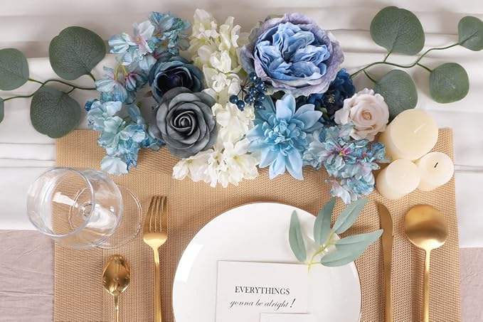 Floweroyal Artificial Flowers Combo Dusty Blue Flowers Mix Silk Flowers Dahlia Roses with Stems for DIY Wedding Bridal Bouquets, Baby Shower, Floral Arrangement, Table Centerpieces, Home Decorations.