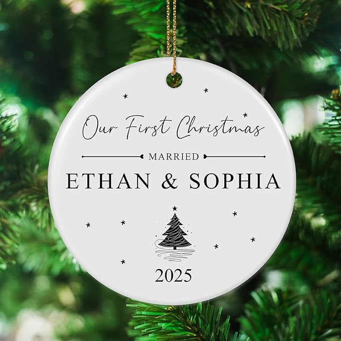Personalized First Christmas Married Ornament 2025, Custom Engaged Christmas Ornaments with Names, Customized Wedding Engagement Gifts for Newlywed Couples Him Her