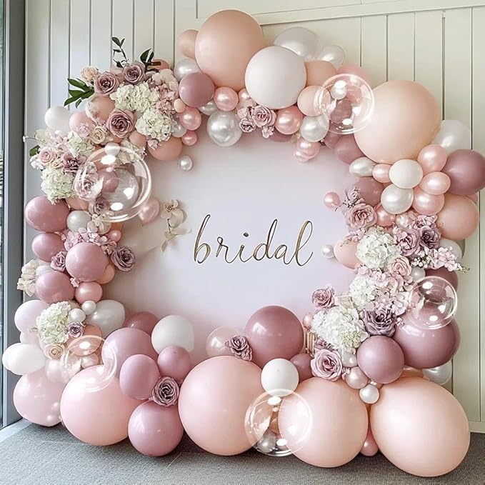 Pink White Balloon Arch Double Stuffed Pearl Pink Bobo Balloons Garland for Birthday Baby Shower Bridal Shower Wedding Fairy Baptism Party Decorations