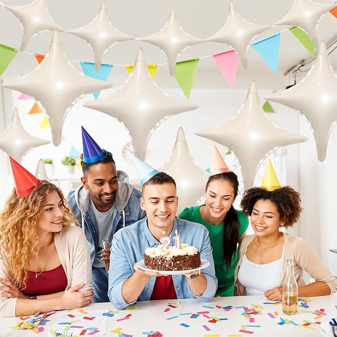 Cream White Star Balloons,12Pcs Four Angle Star Foil Balloons,26Inch and 10Inch Sand White Quadrangle Helium Balloon for Birthday Baby Shower Anniversary Party Decorations