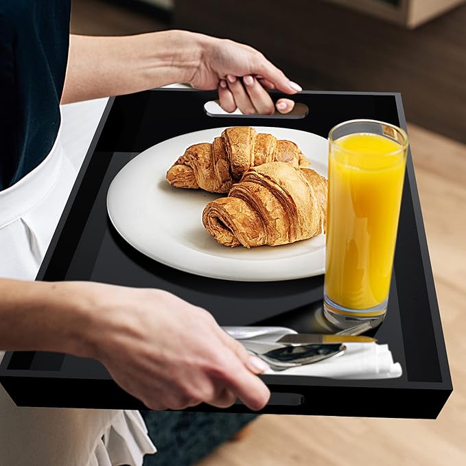 Acrylic Serving Trays with Handles, 16"x 12" Rectangle Sturdy Breakfast Tray, Black Decorative Trays Organiser for Bedroom, Kitchen, Living Room, Bathroom, Hospital and Outdoors