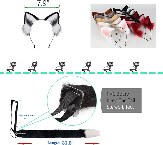 QinRuan Animal Cosplay Costume Accessories Furry Faux Fur Cat Ears Headband and Fox Tail Set Halloween Accessory