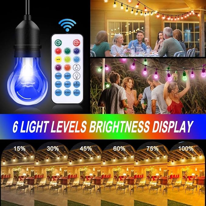 Auroraworld 96FT RGB Outdoor String Lights, Dimmable Color Changing Waterproof LED Patio Lights with Remote & E26 Shatterproof Edison Bulbs for Bistro Backyard Garden Party Decor