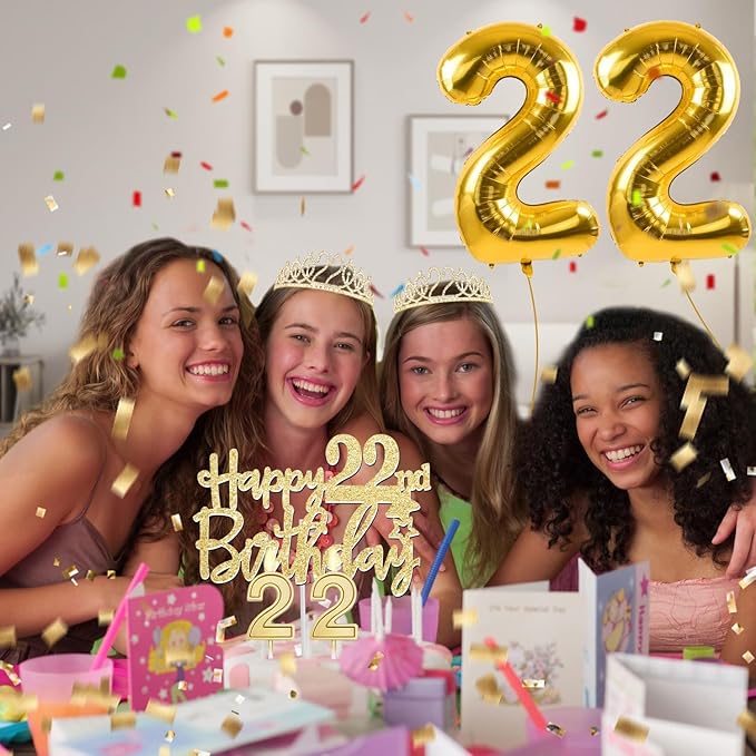 22 Birthday Decorations for Women with 22nd Birthday Sash and Crown, Cake Topper and Candles, Number Balloons, 22 Year Old Gifts for Girls