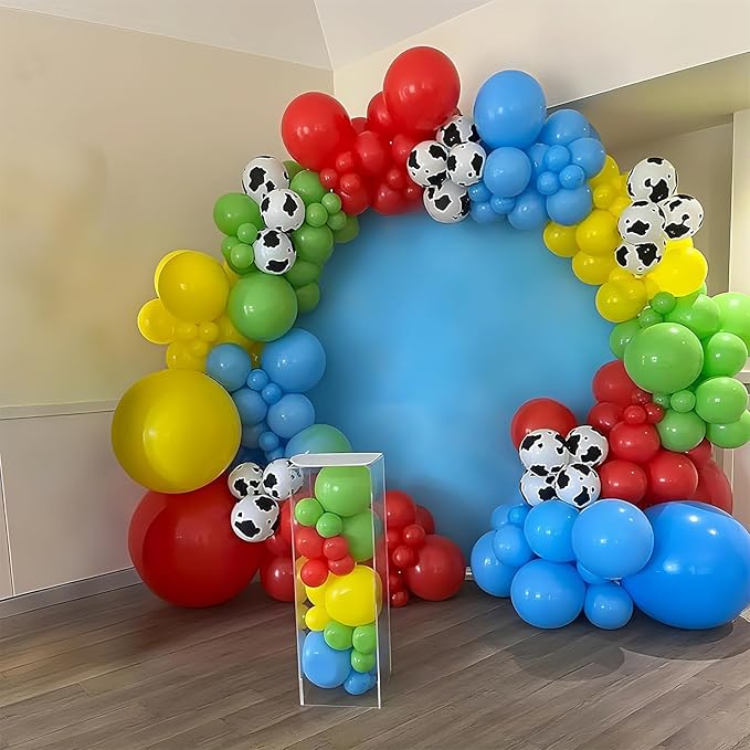 Red Yellow Blue Balloons Arch Kit Red Blue Green Yellow Latex Balloon Garland with Cow Print Party Balloons for Kids Boys Birthday Party Farm Themed Party Decorations