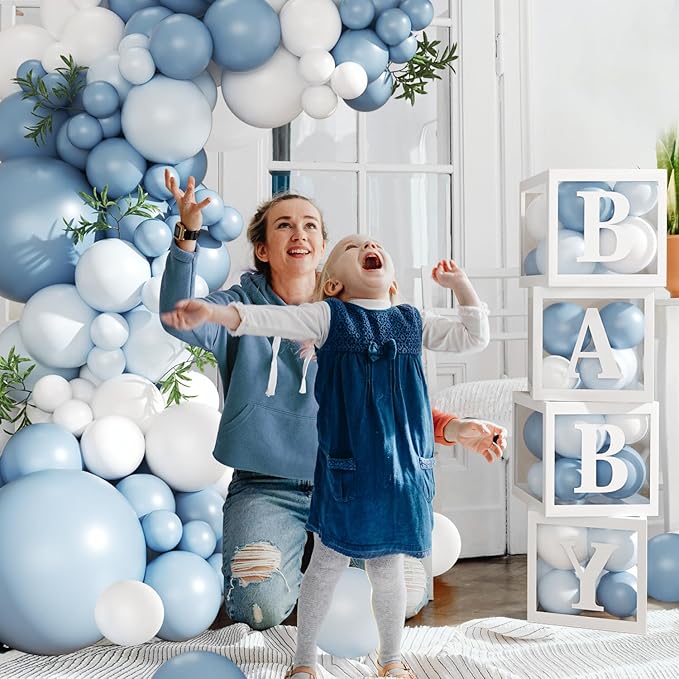 Dusty Blue Balloon Baby Shower Decorations for Boy, 132Pcs Blue Balloon Arch Garland Kit Baby Boxes with Letters for Boy Boho Baby Shower Gender Reveal Birthday Party Decorations