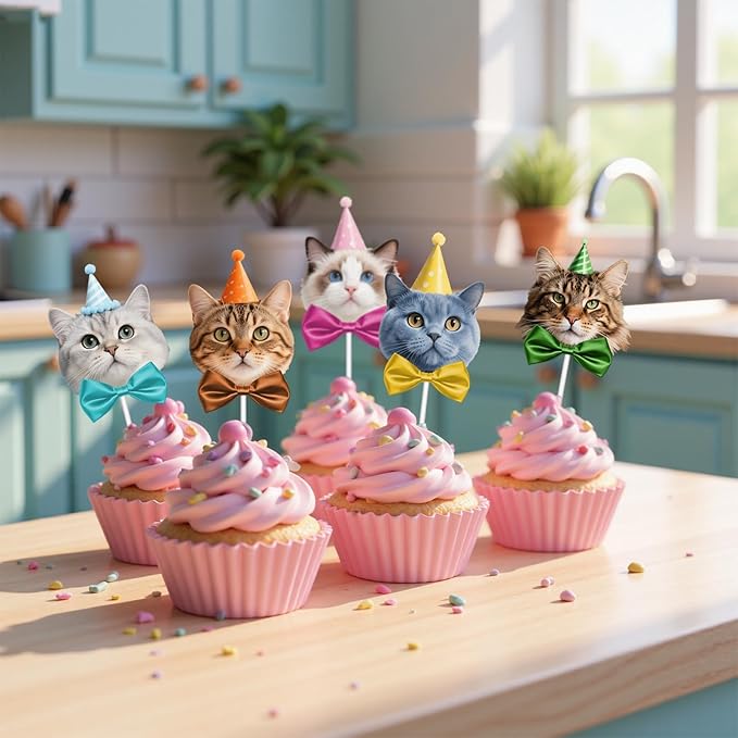24 Pcs Adorable Cat Cupcake Topper,8 Unique Designs About Cute Cats with Party Hats Cupcake Decorations for Cat Theme Birthday Party Supplies