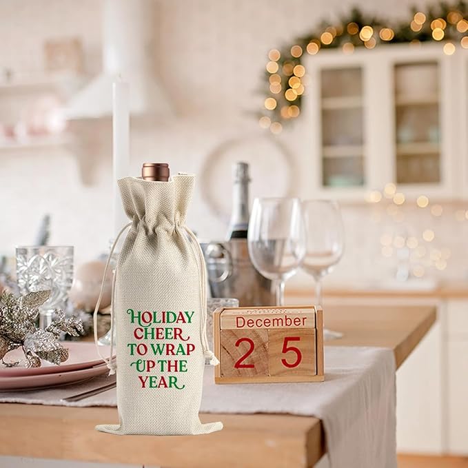 Funny Christmas Wine Bags for Wine Bottles Gifts Christmas Wine Bottle Cover Drawstring Gift Bags Holiday Cheer Burlap Wine Bag for Xmas Holiday Housewarming Party Decorations