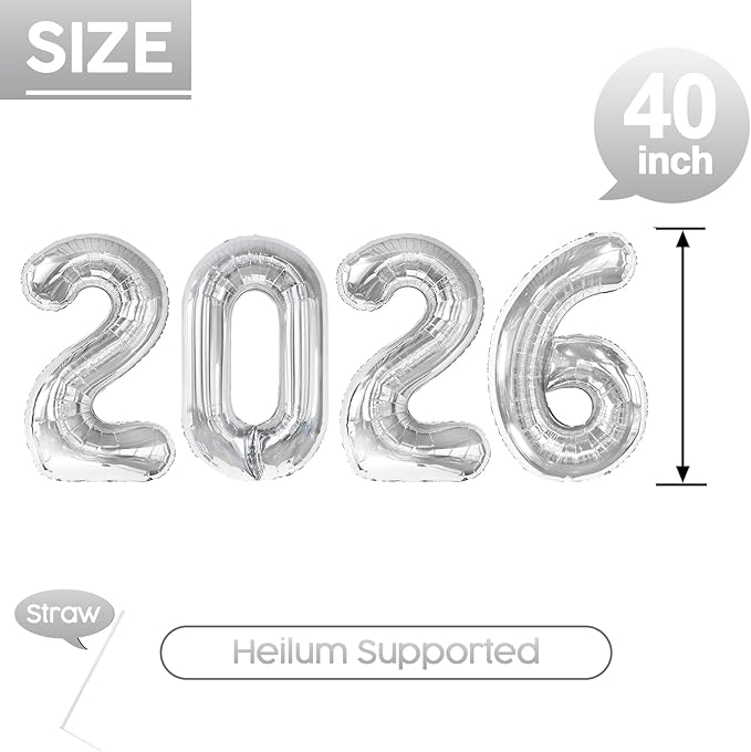 2026 Balloon - Silver Birthday Number Balloons, 40 Inch Large Foil Balloons for Men Women Boys Girls Silver Themed Birthday Decorations，Number 2026 Balloon