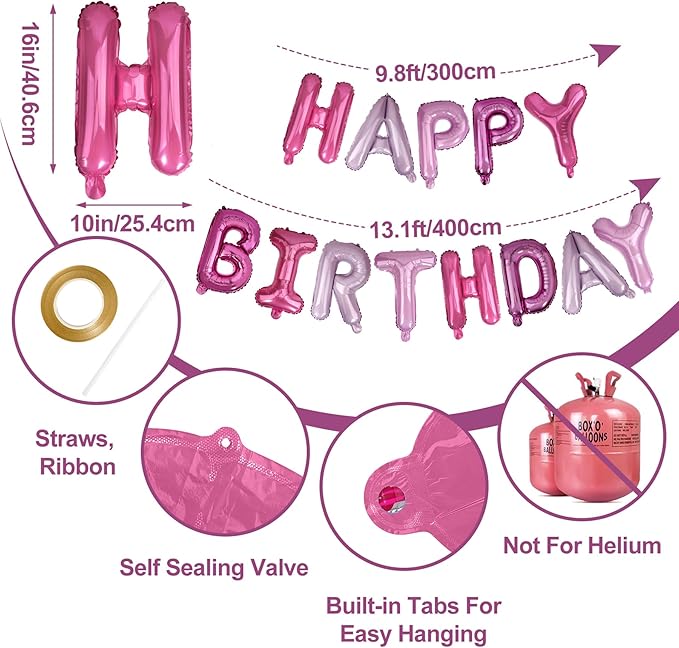 LIOZEOKUN Happy Birthday Balloon Letters 16 inch Mylar Foil Birthday Balloons Banner Sign for Birthday Party Decorations Supplies (Purple pink)