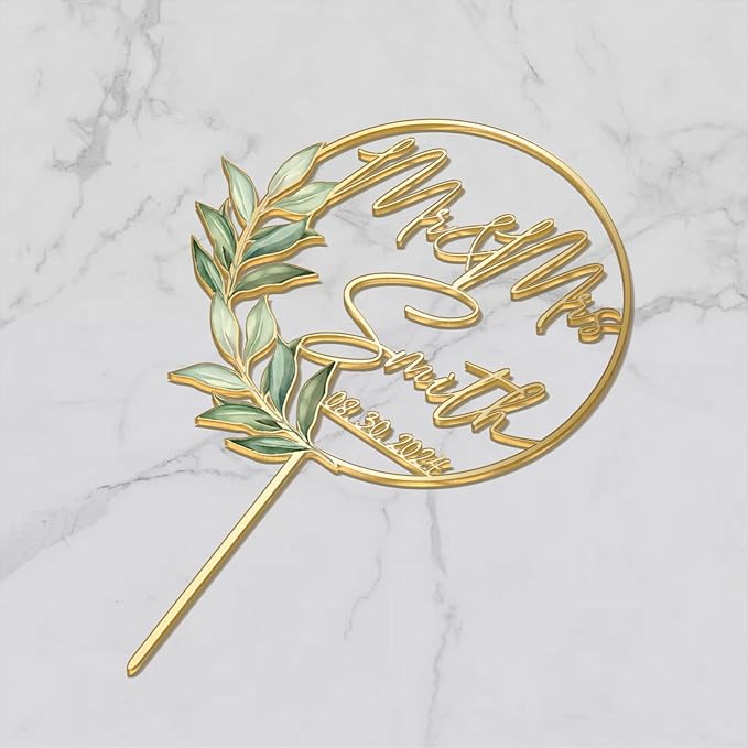 Mr & Mrs Wedding Cake Topper with Green Leaves Custom Last Name and Date Personalized Round Frame Cake Decoration in Acrylic and Wood