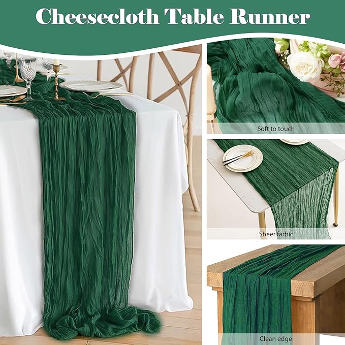 2 Pack 10 Ft Cheesecloth Table Runner Emerald Green Gauze Long Table Runners Boho Gauze Cheese Cloth Table Runner Rustic Sheer Runner for Wedding Party Table Decor ( 35 x 120 Inch )