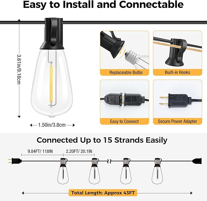 litogo 42FT LED Outdoor String Lights, Waterproof Patio Lights with ST38 Vintage Edison Bulbs, Warm White Outside Hanging Light for Yard Gazebo Party