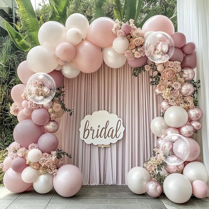 Pink White Balloon Arch Double Stuffed Pearl Pink Bobo Balloons Garland for Birthday Baby Shower Bridal Shower Wedding Fairy Baptism Party Decorations