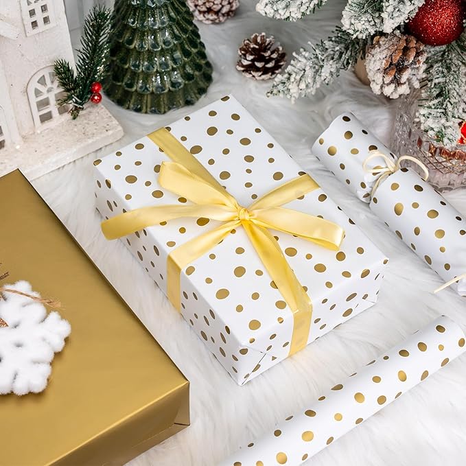 Burymento Golden Lrregular Wave Point Wrapping Paper, Reversible Gold Gift Wrap for Birthday, Valentines, Mothers day, Graduation, Wedding, Fathers day, Baby Shower, Christmas (17in x 16.4ft)
