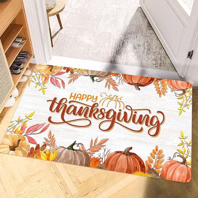 Fall Welcome Maple Leafs Decorative Door Mat, Autumn Thanksgiving Doormat for Indoor Outdoor Entrance Floor Mats,Fall Pumpkins Non Slip Harvest Vintage Decor Rubber Welcome Mats 30" x 18" Inch