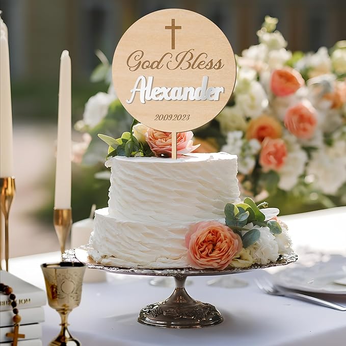 Personalized Baptism Cake Topper 3D Wood & Acrylic Custom Name & Date God Bless Cake Topper Decoration (Design 02)