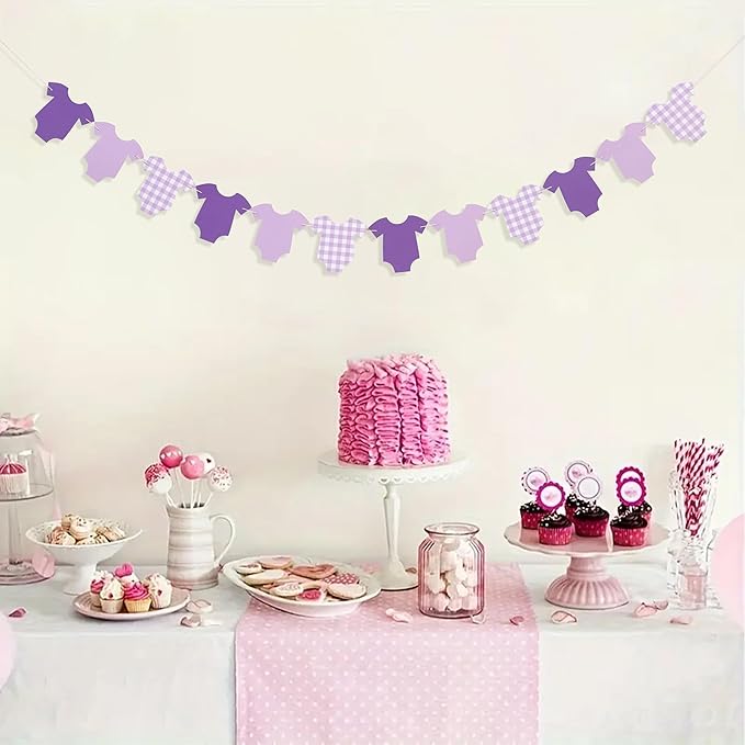Purple Bodysuit Banner - Baby Shower Decoration Gingham Banner,Baby Bodysuit Gender Reveal Party (Purple)