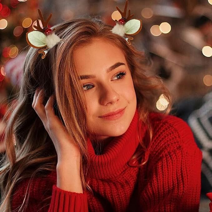 Christmas Reindeer Antlers Headband Brown Red Deer Ears Clips with Elk Fluff Red Antler Design Party Xmas Deer Antlers Decor Holiday Costume Hairpin for Women Girls Deer Ears Decoration