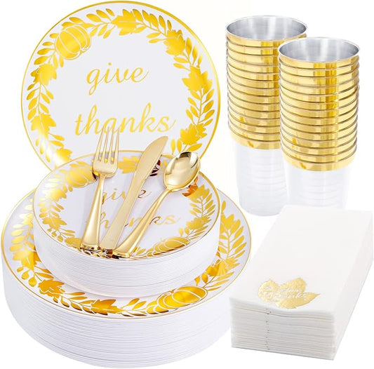 YOUBET 175PCS Thanksgiving Plastic Plates - Thanksgiving Gold Disposable Plates - Fall Plastic Plate Include 50 Plate, 25forks, 25Knives, 25Spoons, 25 Napkins, 25Cups for Fall Party