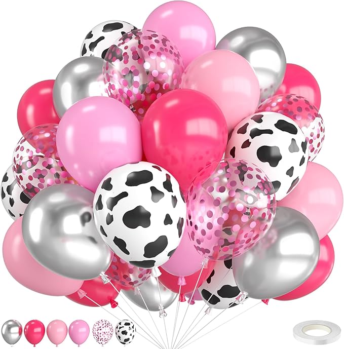 Cowgirl Balloons,12 Inch Cow Print Hot Pink Light Pink and Silver Balloons with Confetti Balloon for Farm Cowgirl Bridal Shower Bachelorette Birthday Party Decorations