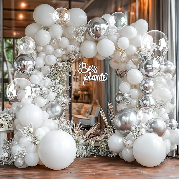 White Silver Balloon Garland Double Stuffed Clear Bobo White Pearl Balloon Arch Kit with Foil Balloons for Christmas New Year Birthday Wedding Baby Shower Anniversary Party Decorations