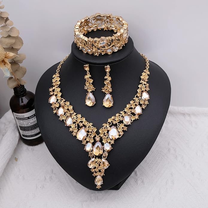 CSY Elegant Crystal Costume Jewelry Sets Flower Bridal Necklace Earrings Stretch Bangle Set for Bride Bridesmaid Wedding Dress Accessories
