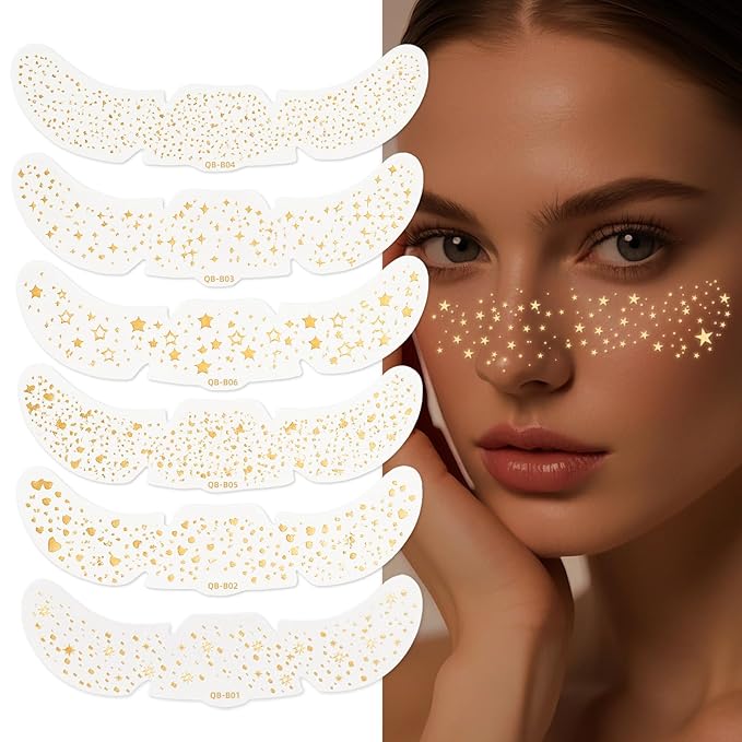 Gold Glitter Freckles Face Tattoo, 6pcs Fake Tattoos Sparkle Face Glitter, Waterproof Freckles Makeup Patches, Long-Lasting Sparkle for Festival Rave Concert Party Cosmetic Accessorie